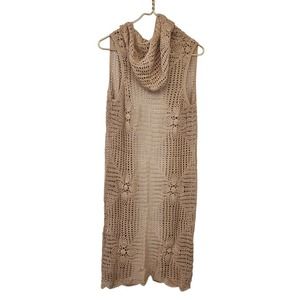 Sleeveless Long Line Crochet Knit Open Front Floral Detail Duster Cardigan Small